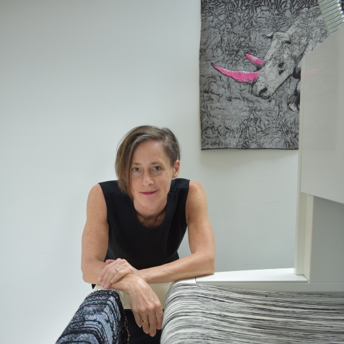 Fiona Sperryn In Studio 2020 Fiona Sperryn In a textile studio with a weave