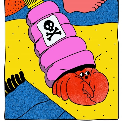 Illustration of hairy legs and a plastic bottle with a lobster coming out
